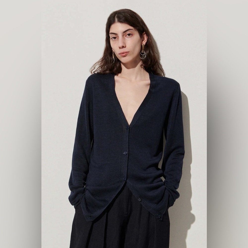 RACHEL COMEY Sur Cardi Navy Blue 100% Linen Cardigan Size Medium GUC